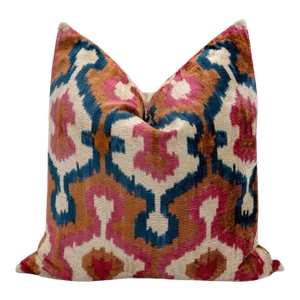 Handmade Velvet Throw Pillow With Pink, Blue, and Tan Ikat Design & Down Feather Insert