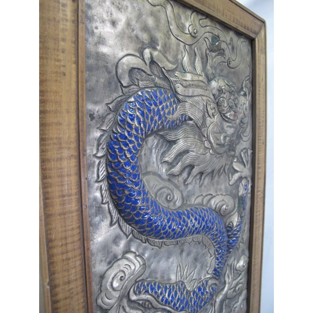 Mid 20th Century Chinese Silver Metal Relief Blue Enamel Painted Dragon Panel in Wood Frame For Sale - Image 5 of 11