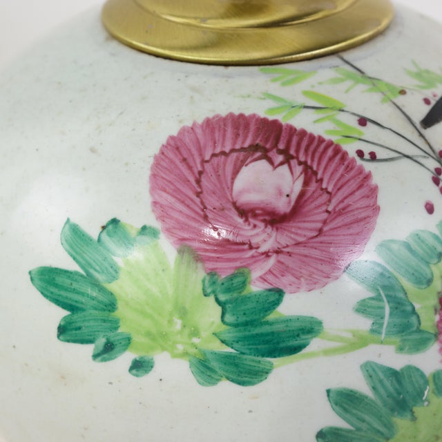 Famille Rose Antique Porcelain Vase Lamp With Bird and Floral Motif on Wood Base For Sale - Image 14 of 15