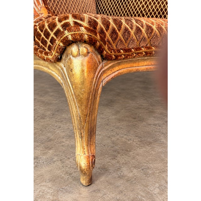 Custom-Made Louis XV–Style Giltwood Bergère Chairs in Diamond-Patterned Velvet (A Pair) For Sale - Image 13 of 14