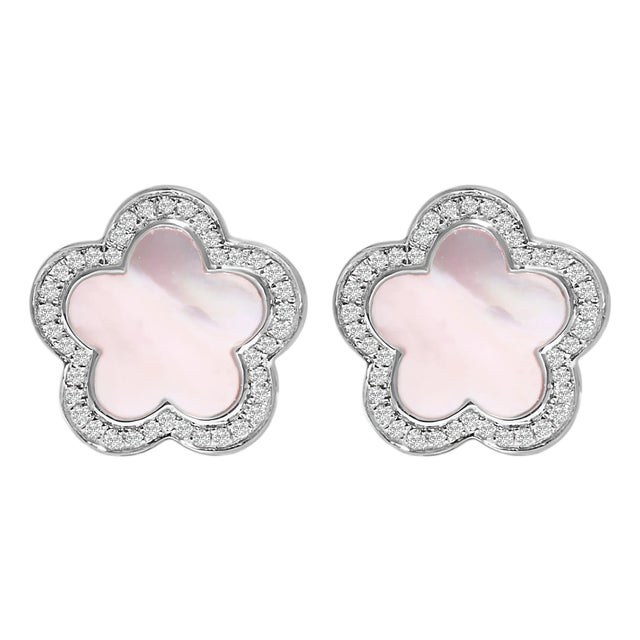 14K White Gold Mother of Pearl and 1/5 Cttw Diamond Halo Star Stud Earrings For Sale