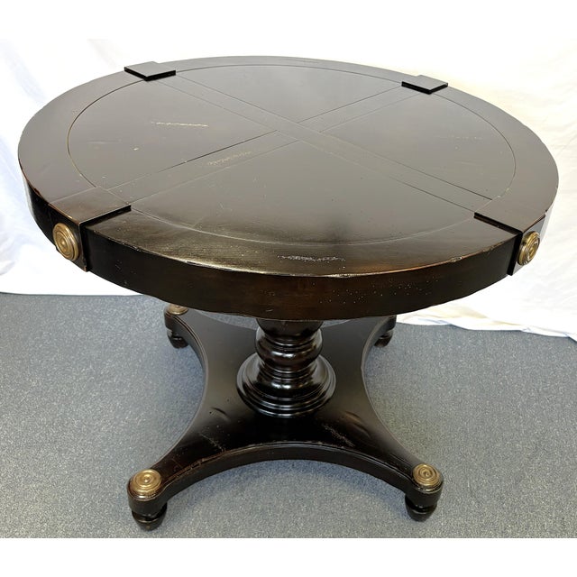 Vintage Neoclassical Style Round Pedestal Table With Brass Medallion Accents For Sale - Image 11 of 17