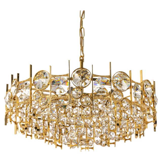 Large Gilt Brass and Crystal Chandelier from Palwa, Germany, 1970s For Sale