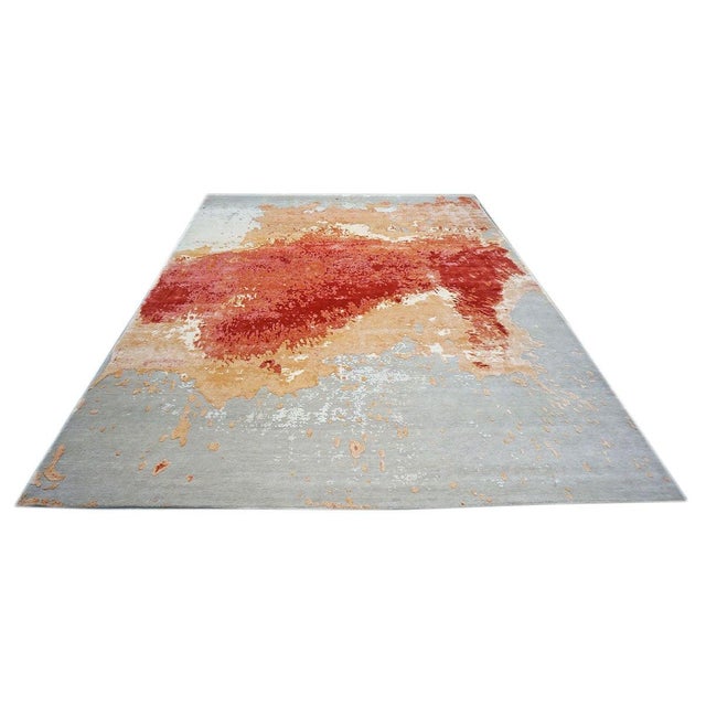 Indo-Nepalese Modern Wool & Silk 9x12 Grey, Orange, & Red Handmade Area Rug #1144036 For Sale In Houston - Image 6 of 9