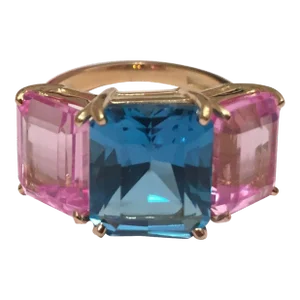 Christina Addison Bright Blue and Bright Pink Topaz Emerald Cut Three Stone Ring