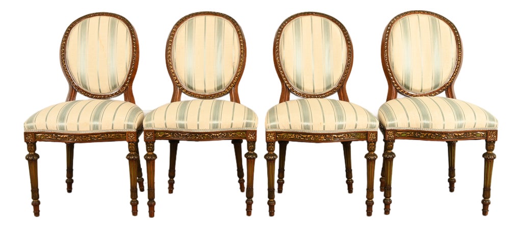 Karges Style French Regency Louis XVI Carved Mahogany and Gold Gilt Dining Chairs, Set of Four