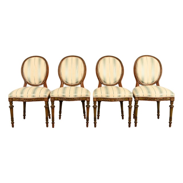 Karges Style French Regency Louis XVI Carved Mahogany and Gold Gilt Dining Chairs, Set of Four For Sale