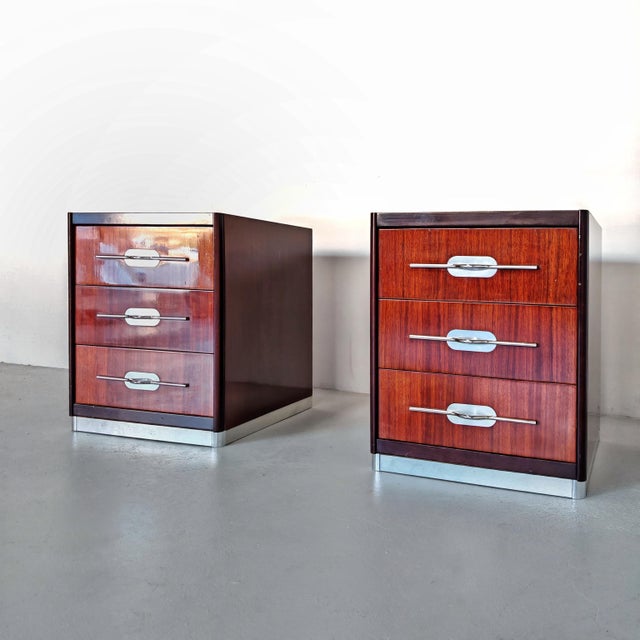 Vintage Walnut Bedside Tables with Metal Inserts, Italy, 1970s, Set of 2 For Sale - Image 3 of 18