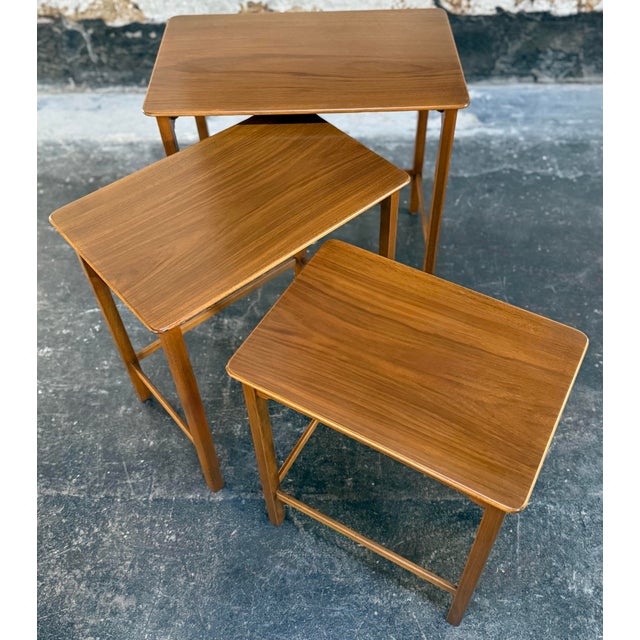 Wood Set of Three Swedish Modern Brown Teak Nesting End Tables C. 1960 For Sale - Image 7 of 7