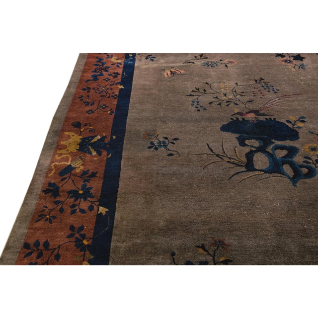 Art Deco Handmade Floral Chinese Motif Wool Rug For Sale - Image 4 of 10