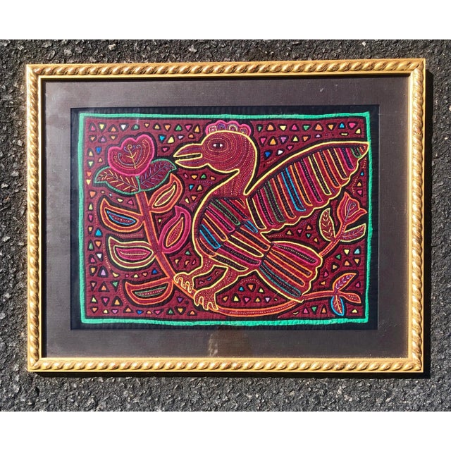 Folk Art Mola Bird and Flower Embroidered Textile Art in Gold Frame For Sale - Image 10 of 11