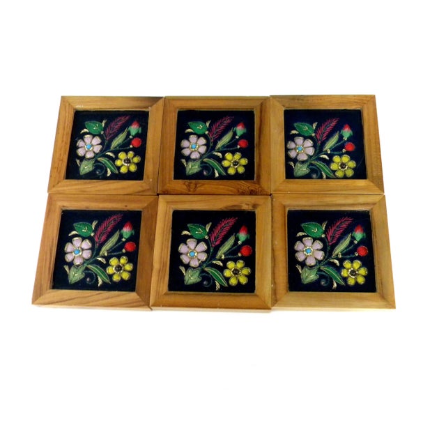 1960s Vintage Embroidered Velvet Jewel Coasters and a Serving Tray Under Glass in Wooden Frame - 7 Pieces For Sale - Image 5 of 12