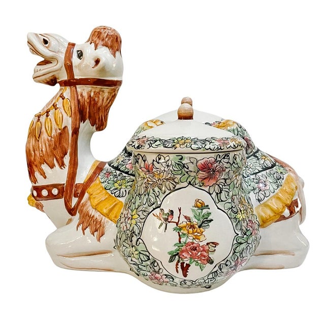 Large Scale Mid-Century Italian Majolica Camel Figural Centerpiece With Chinoiserie Floral Covered Jars For Sale - Image 4 of 11