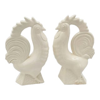 Mid 20th Century Erphila Cream Colored French Country Style Ceramic Rooster Bookends - a Pair For Sale