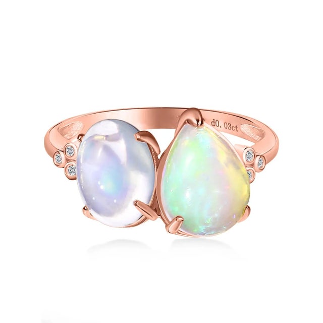 Kai Fine Jewelry Kai Fortune Rainbow Blue Moonstone Fire Opal Diamond Toi Et Moi Ring in 14k Solid Gold, size 4.5 For Sale - Image 4 of 8