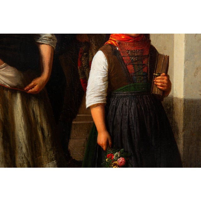 Tan Rare German Antique Painting “After Church” by Karl Friedrich Boser Circa 1860 For Sale - Image 8 of 18