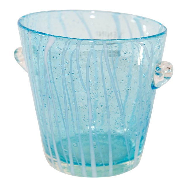 1970s Vintage Italian Murano Venini Venetian Art Glass Ice Bucket Blue and White For Sale