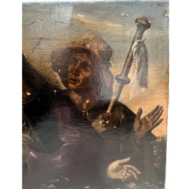 This captivating 17th century Venetian painting depicts the biblical scene of Christ and the Pilgrims at Emmaus, rendered...