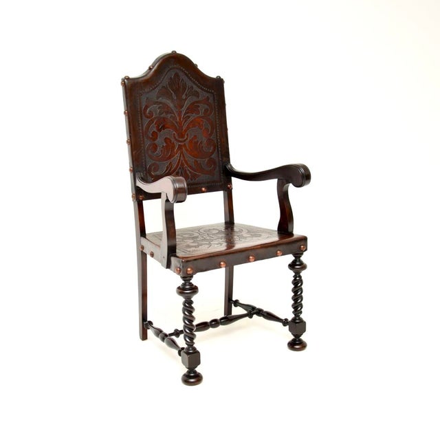 Antique Portuguese Embossed Leather and Walnut Dining Chairs, 1880, Set of 6 For Sale - Image 3 of 11