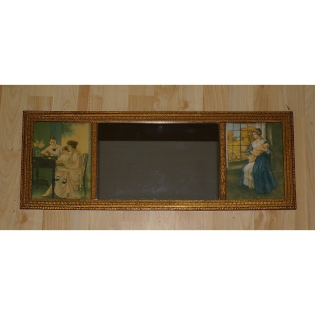 Victorian Vintage Gold Gilt Framed Mirror Two Prints Antique Tryptic Tripart Wall Mirror For Sale - Image 3 of 12