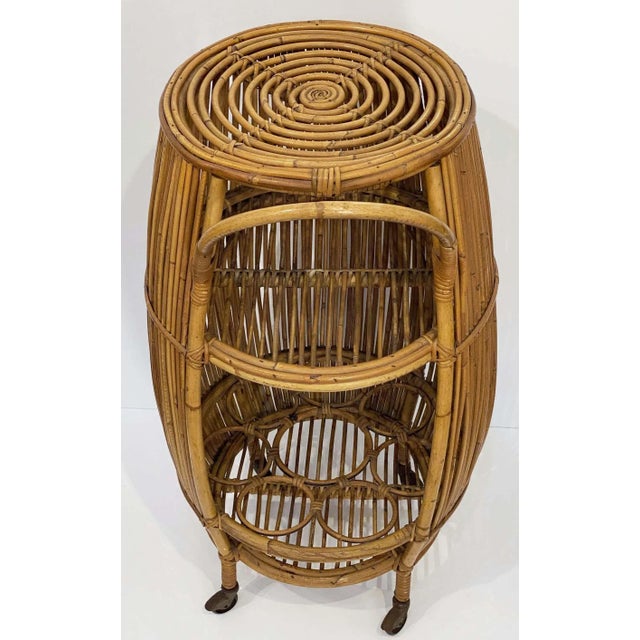 Italian Mid-Century Rattan and Bamboo Barrel-Shaped Bar Cart For Sale - Image 4 of 13