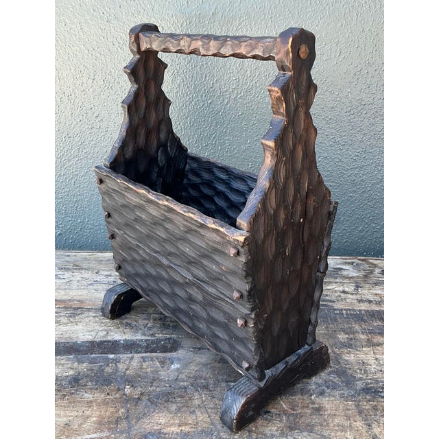 Coffee Vintage Carved Pine Wood Basket For Sale - Image 8 of 12