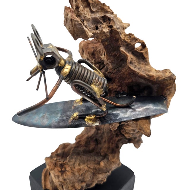 Vintage Brutalist Metal Mouse Surfer Sculpture on Drift Wood — 10.5" For Sale In San Francisco - Image 6 of 8