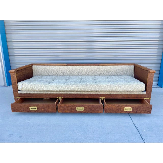Wood 1960s Mid-Century Campaign Style Tiger Oak Daybed Sofa With Storage Drawers by Marge Carson For Sale - Image 7 of 13
