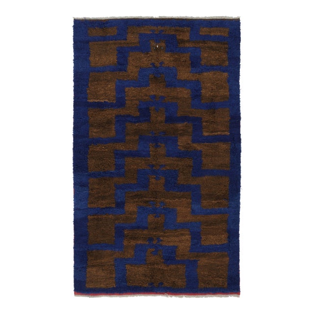Vintage Turkish Tulu Rug, Navy Blue and Brown Geometric Pattern - Rug & Kilim For Sale