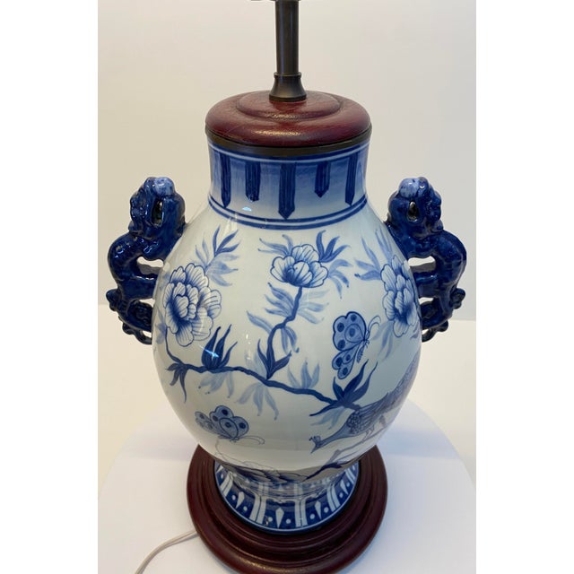 Ceramic Pair of Blue and White Chinoiserie Porcelain Urn Table Lamps With Peacock Motif For Sale - Image 7 of 10