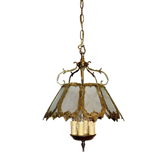 Antique French Brass and Glass Chandelier from Unbekannt, 1930s For Sale