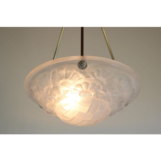 Gorgeous & timeless! This French Art Deco pendant by David Gueron Degue 1930. Marvelous white frosted glass shade with...