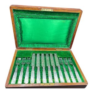 Late 20th Century Mother of Pearl Handled Dessert Serviced for 6 w/ oak box English Manor - 12 pcs