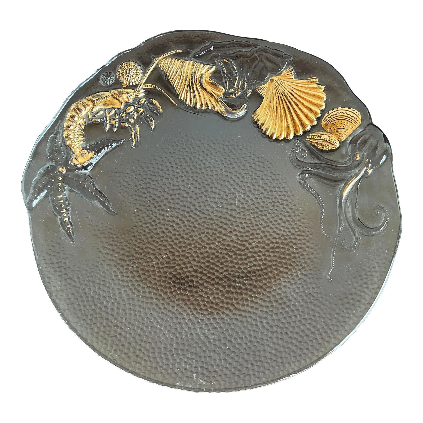 Vintage Clear Pebbled Glass & Gold Seafood Serving Platter