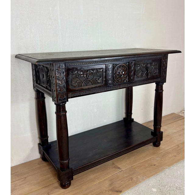 Spanish Carved Oak Console Table with Drawers, 1880 For Sale - Image 4 of 11