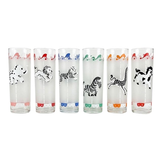 1950s Hazel Atlas Mid-Century Modern Frosted Carousel Animal Tumbler. Set of Six For Sale