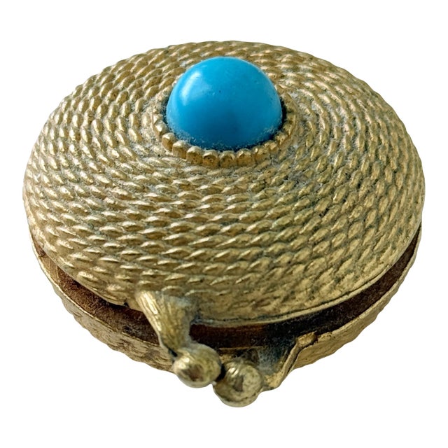 Vintage 1960s Estée Lauder Gold Tone Rope Motif Turquoise Resin Solid Perfume Compact For Sale