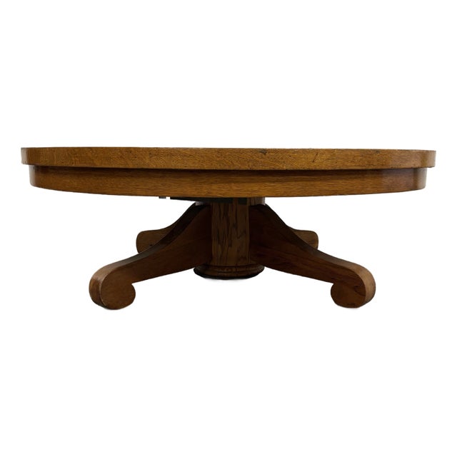 Antique Victorian Tiger Oak Scroll Foot Pedestal Coffee Table Cocktail Table For Sale