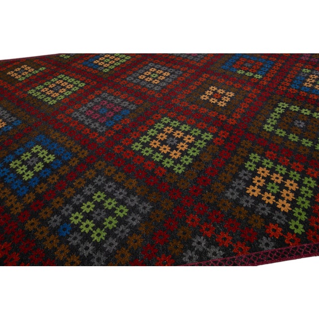 Textile Multicolor Modern Soumak Handmade Geometric Designed Wool Rug For Sale - Image 7 of 11