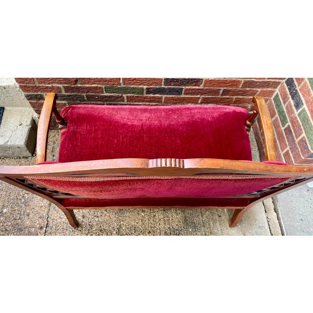 Wine Vintage Victorian-Style Wine Red Velvet Loveseat For Sale - Image 8 of 17