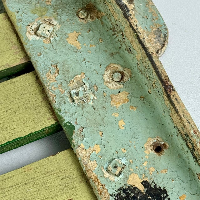 Industrial Salvaged Vintage Wall Mounted Green Painted Wood Slats & Iron Fold Down Shelf/Bench For Sale - Image 11 of 12