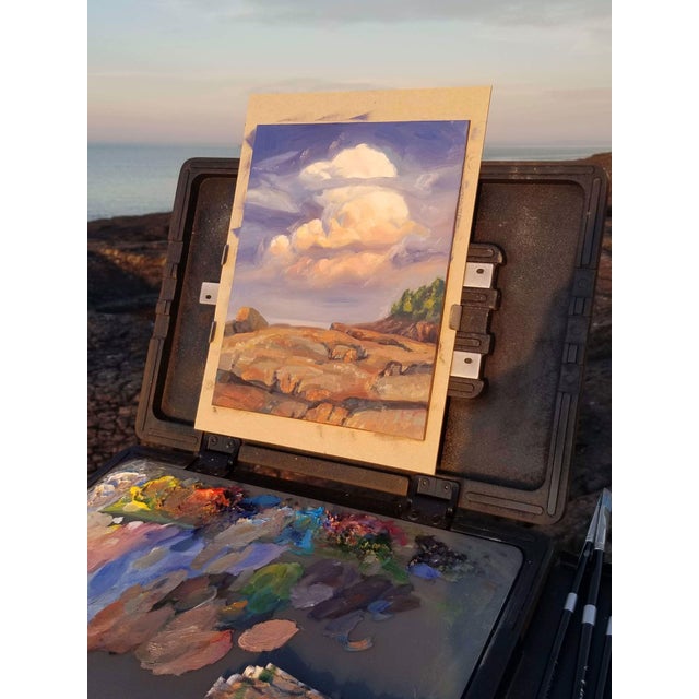 Presque Isle (Day 95) June 24, 2022 by Primary Hughes | Oil on masonite Landscape with clouds and rocks For Sale