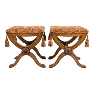 Pair of Neoclassical Carved X-Base Benches Ottomans With Animal Print For Sale