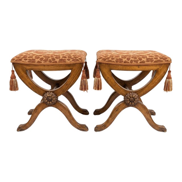 Pair of Neoclassical Carved X-Base Benches Ottomans With Animal Print For Sale