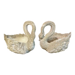 Pair of French Concrete Swan Planters For Sale