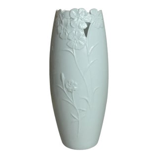 Vintage White Ceramic Flower Vase Floral Design For Sale