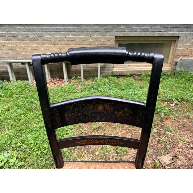 Black Mid 20th Century Set of 8 Hitchcock Style Black Painted Stenciled Dining Side Chairs With Rush Woven Seats For Sale - Image 8 of 15