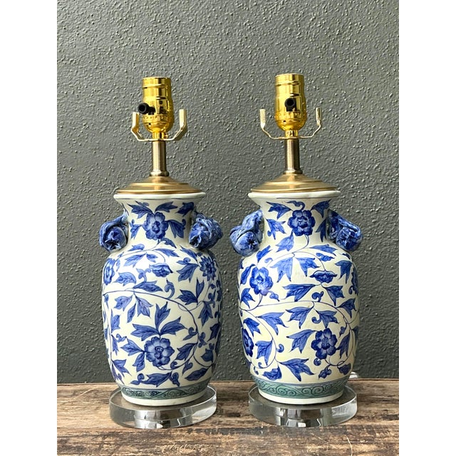 Late 20th Century Vintage Asian Blue and White Floral Ceramic Lamps - A Pair For Sale - Image 5 of 12