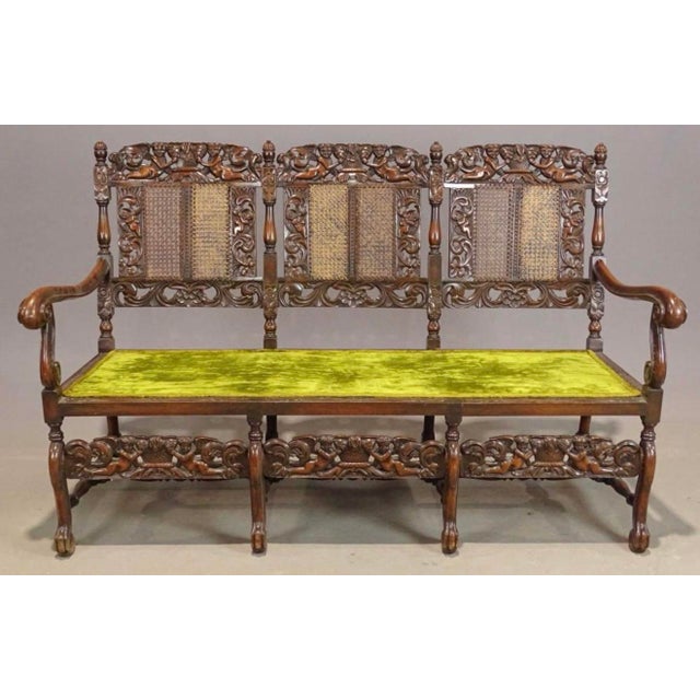 Brown 20th Century Jacobean Revival Style Carved Hardwood & Cane Three-Seat Settee For Sale - Image 8 of 12