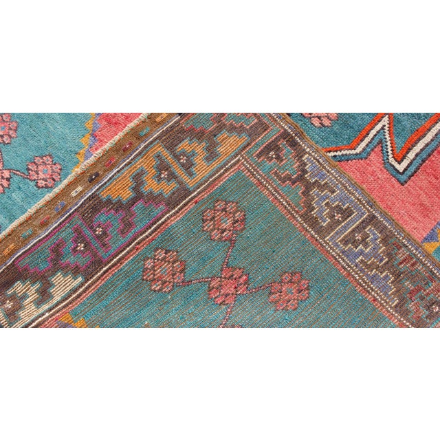 Textile Tribal Design Vintage Turkish Rug in Teal, Blue, Green, Charcoal & Coral 5'2 X 8'7 For Sale - Image 7 of 8